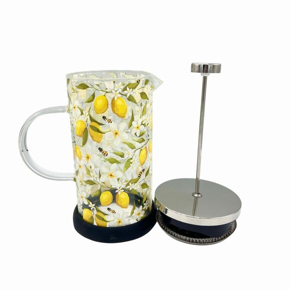 NWT LEMON HONEY BEE FLORAL PRINT GLASS FRENCH PRESS COFFEE MAKER GIFT HOLIDAY - Picture 4 of 6